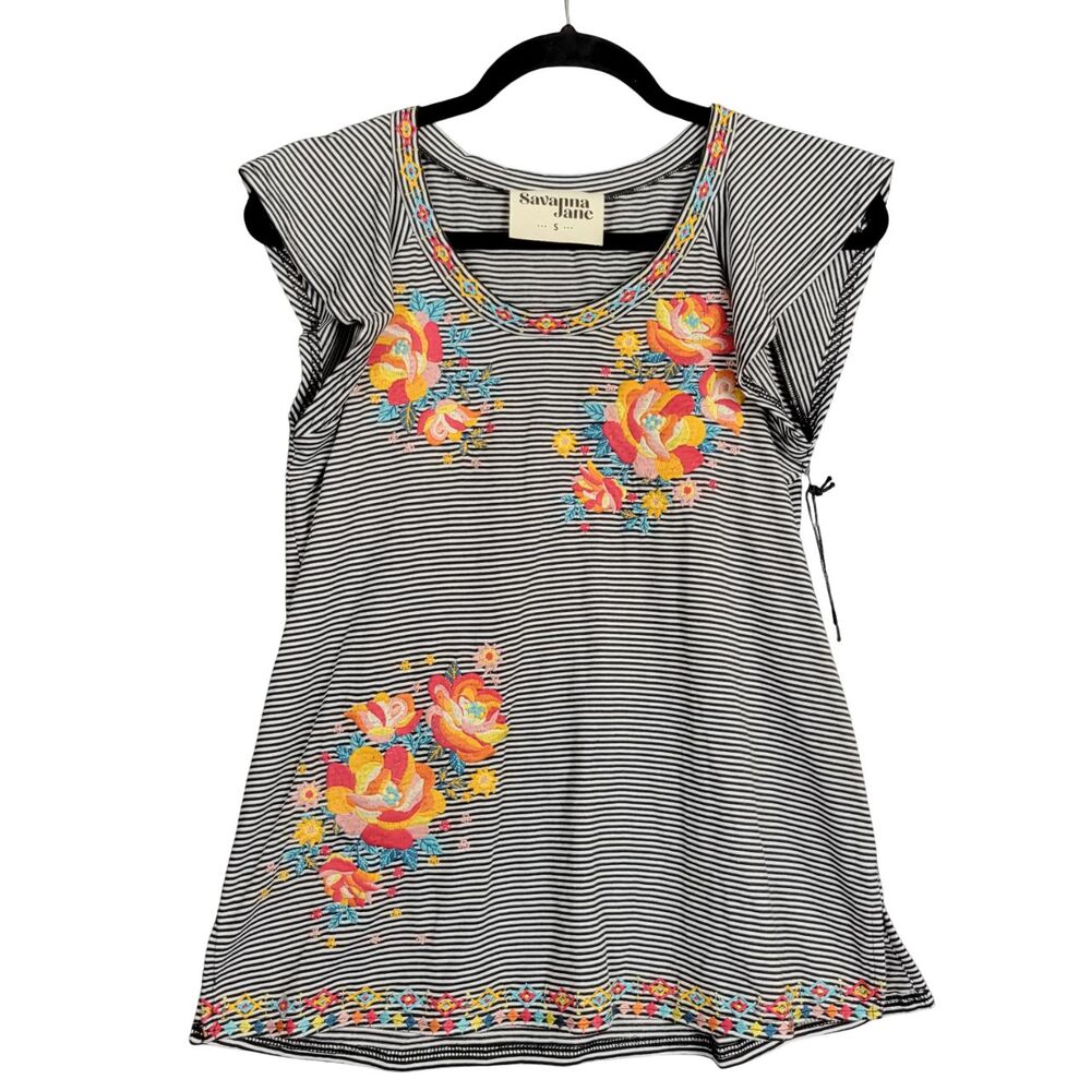 SAVANNA JANE Black White Striped Floral Embroidery Bohemian Top SIZE SMALL